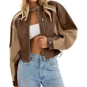 Womens Dark-Brown Tankaneo Leather Bomber Jacket Cropped Color Block Fall Casual